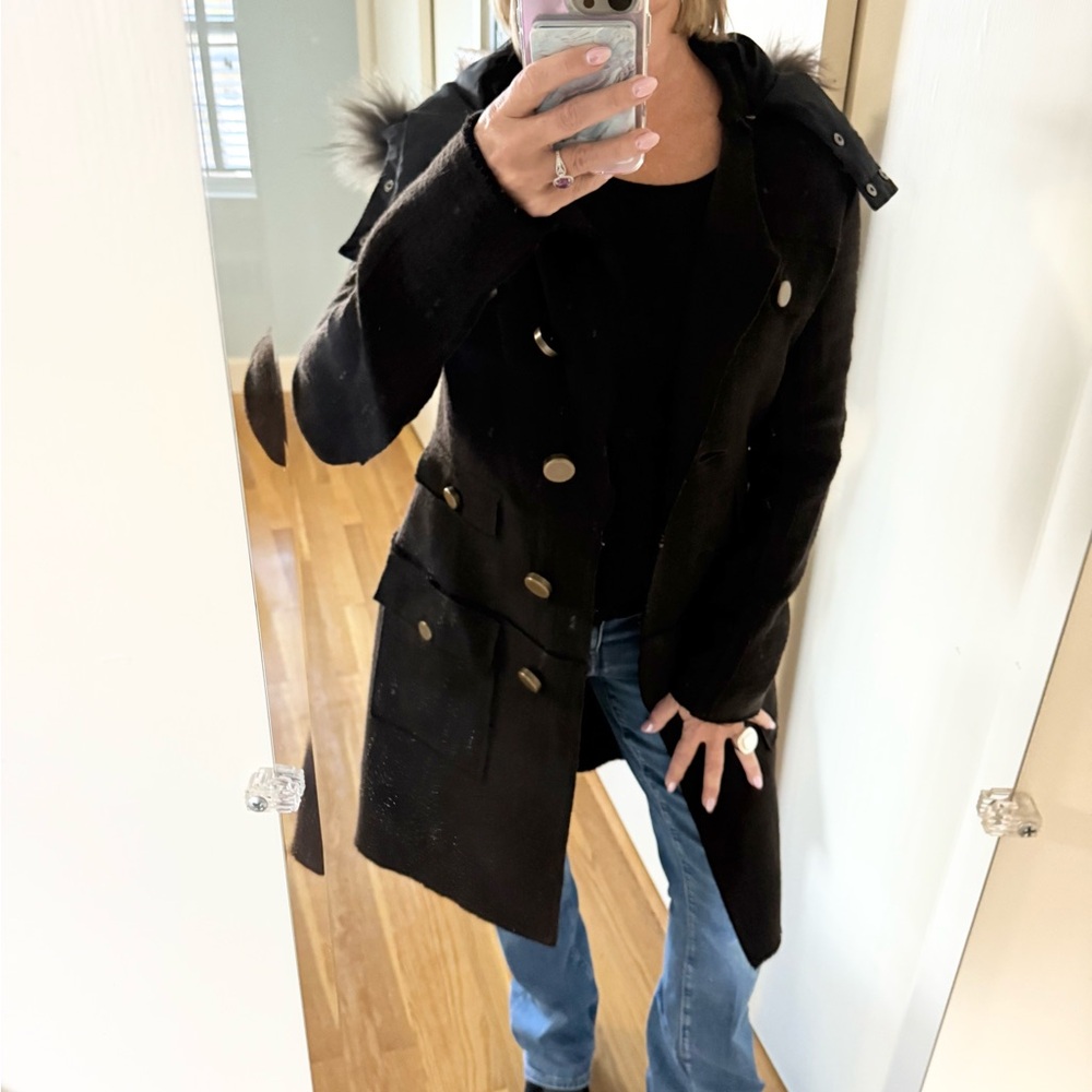 NWT Touch Tough Tacky 100% Wool Trench Coat w/ Gold Buttons & Fur Hood $485 - Picture 4 of 16